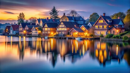 Fototapeta premium Serene village at dusk with houses glowing in soft liquid hues, village, serene, dusk, houses, glowing