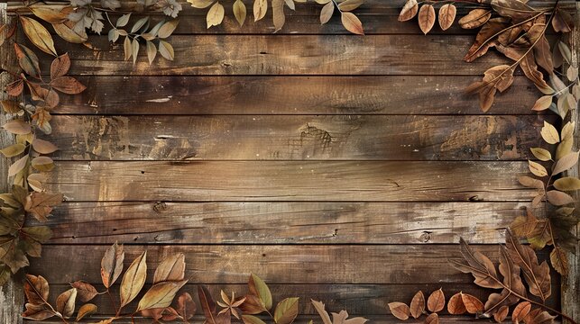 Rustic Wooden Sign with Leaf Patterns in Earthy Tones - Digital Art Background