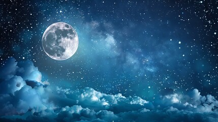 Fototapeta premium A mystical night sky background with a full moon and twinkling stars, suitable for dreamy and enchanting themes.
