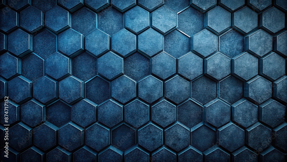 Wall mural Close-up of a dark blue textured wall with repeating hexagonal patterns creating a effect, Dark blue, Textured, Wall