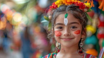 Little Mexican Girl with Painted Face and Floral Headband at a Vibrant Cultural Festival