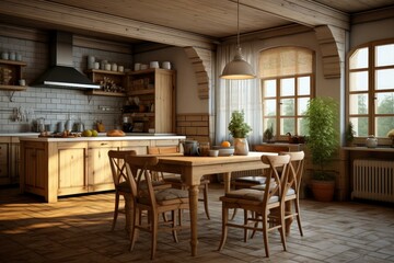 Obraz premium Warm, inviting kitchen featuring wooden furniture and morning sunlight