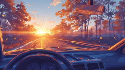 View from the car through the windshield on the road. Sunset. Dawn. Golden hour. Traveling by car. Banner, poster, background. Copy space. Dashboard.