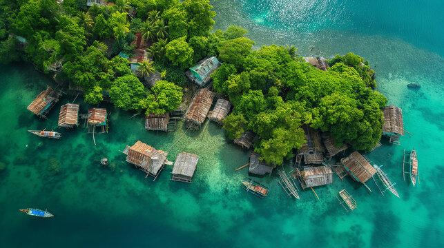 Aerial view of stilt houses forming a small village in the philippines