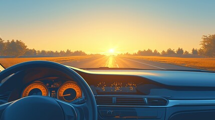 View from the car through the windshield on the road. Sunset. Dawn. Golden hour. Traveling by car. Banner, poster, background. Copy space. Dashboard.