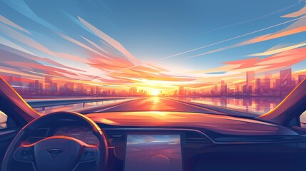 View from the car through the windshield on the road. Sunset. Dawn. Golden hour. Traveling by car. Banner, poster, background. Copy space. Dashboard.