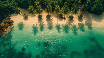Lone swimmer enjoying tranquility of tropical paradise beach with palm trees