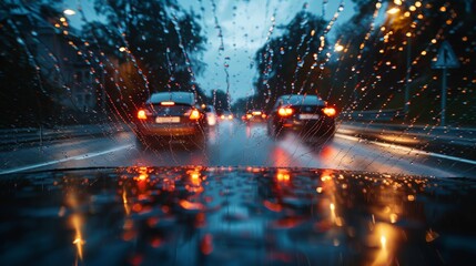 View from the car through the windshield with raindrops on the road. Bad weather. Rain, hurricane, natural disaster. The road home, a conept. Banner, poster, background. Copy space. Dashboard.