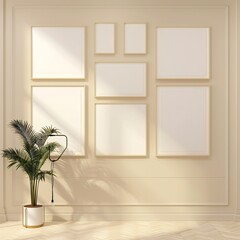 realistic mock up empty white  photo frame, gallery wall on minimal wall with green plant decoration 