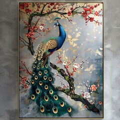 Golden Peacock Oriental Luxury Style with Sakura Canvas Framed Wall Art © Wipada