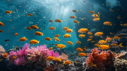 Fototapeta premium school of brightly colored fish weaving through a complex maze of coral formations in a serene underwater environment Generative AI
