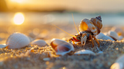 Hermit crab on sandy beach surrounded by seashells at sunset, highlighting the serene beauty of coastal marine life.