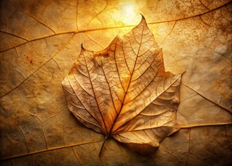 Warm golden light illuminates a delicate, intricately veined dry leaf pressed between two sheets of worn, aged paper, revealing subtle texture and earthy tones.