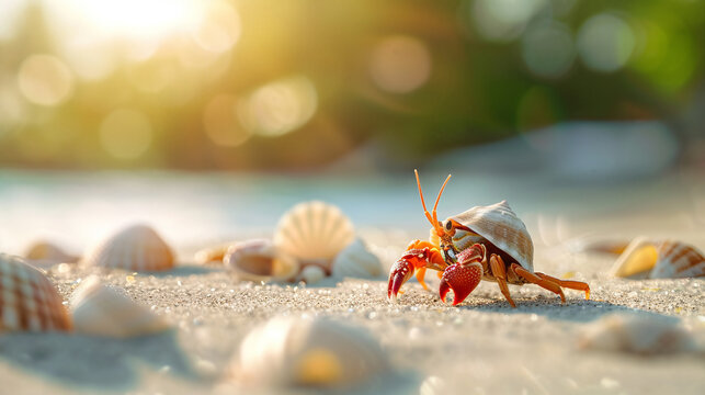 Close-up of a hermit crab on a sandy beach with seashells, sunlight illuminating the background in a tropical setting. - Powered by Adobe