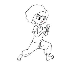 The character using smartphone on the go. angry girl hurrying, looking at mobile phone, running with cellphone on street