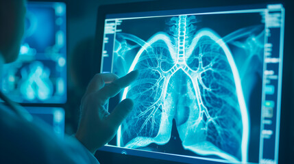 Doctor checking chest xray lung scan film of patient in radiology department at hospital.