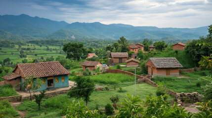 A serene shot of a rural Indian village with traditional houses and landscape with copy space