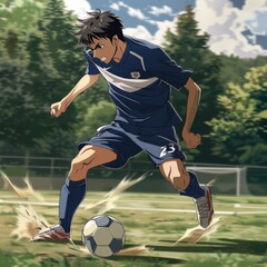 Obraz premium Soccer player kicking ball on green field