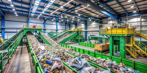 A state-of-the-art eco-friendly facility utilizes cutting-edge technology and advanced machinery to efficiently sort and process recyclables, promoting sustainable waste management practices.