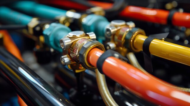 The varying thickness and color of the fuel lines indicate their different functions and sizes from the main supply line to the smaller feeder lines.