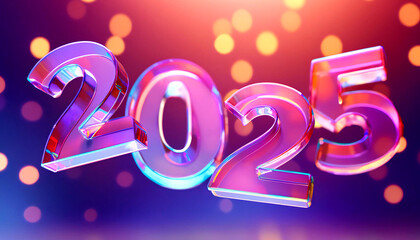Futuristic Fantasy: Colorful Glass Numbers '2025' Floating in a Dreamlike Scene