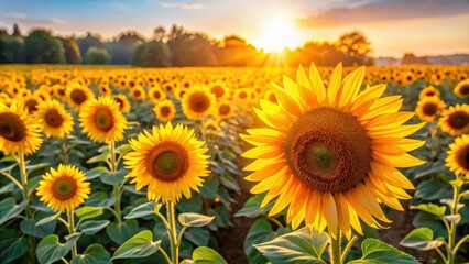 Fototapeta premium A field of vibrant sunflowers basking in the warm morning sun , flowers, blue, sunny, garden, floral, flora, petal, closeup