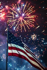 4th of July fireworks  A vector illustration of an American flag with fireworks in the background, 4th July concept design for card decoration or poster, blue sky with night stars background,