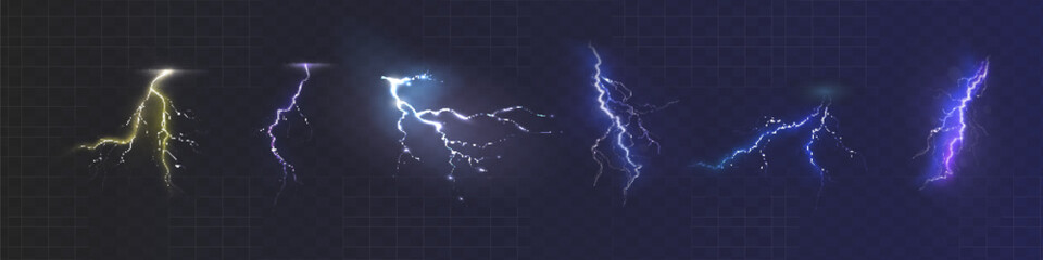 Set of the isolated realistic lightnings with transparency for design. Thunder-storm and lightnings. Magic and bright lighting effects. Natural effects