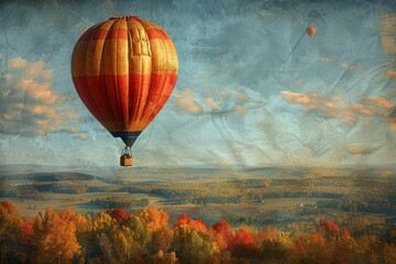 Fototapeta premium Stunning Hot Air Balloon Ride Over Autumn Landscape with Colorful Foliage and Clear Blue Sky