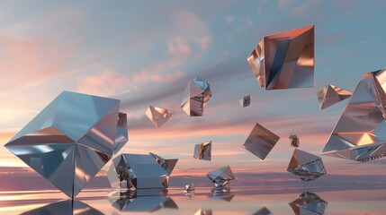 A surreal landscape of floating geometric shapes in metallic tones, hovering above a reflective surface under a twilight sky.