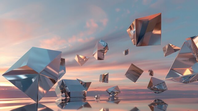 A surreal landscape of floating geometric shapes in metallic tones, hovering above a reflective surface under a twilight sky.