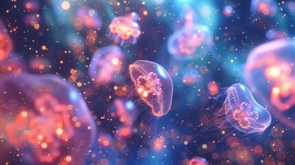 A group of ethereal glowing jellyfishlike creatures float through the air leaving trails of shimmering stardust in their wake