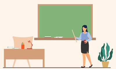 A female teacher teaches lessons on a chalk board to students in class. Teacher standing in front of blackboard. flat vector illustration.