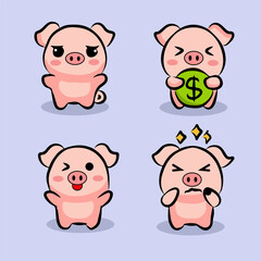 hand drawn cute pig cartoon character set bundle