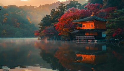 Fototapeta premium A beautiful landscape of a traditional Japanese temple with a red bridge over a river and a mountain in the background