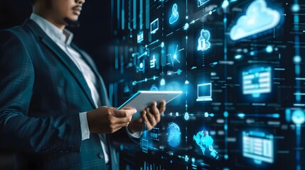 Fototapeta premium Corporate leader utilizing cloud computing for effective HR and resource planning