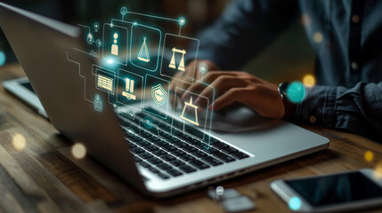 Person working on laptop with numerous icons