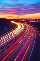 A long exposure photograph of a highway at night. The streaks of light from the cars create a colorful and abstract image.