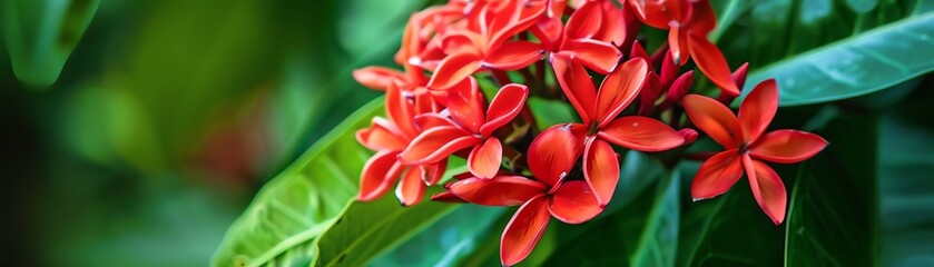 Obraz premium A beautiful close-up of a red flower with green leaves in the background