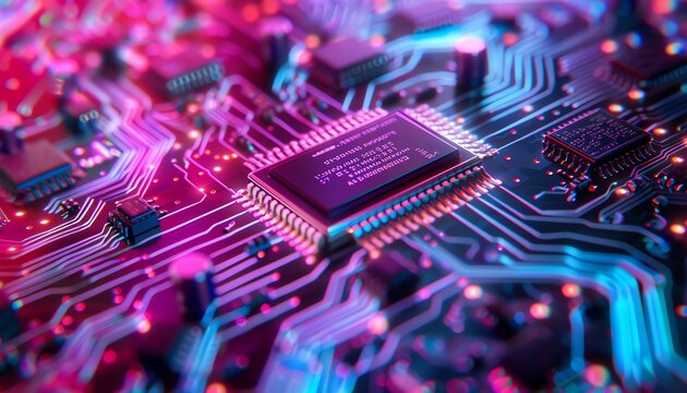 An electronic circuit board with a central processing unit (CPU) chip. The CPU is responsible for carrying out the instructions of a computer program.