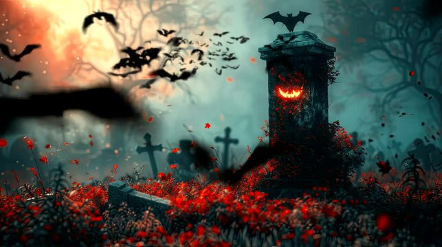 The bat in the halloween. Background in the grave with landscape home halloween. seamless looping time-lapse virtual 4k video animation background