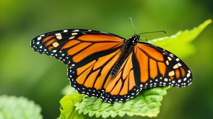 A monarch butterfly perches on a leaf, its wings spread open to reveal their vibrant orange and black coloration
