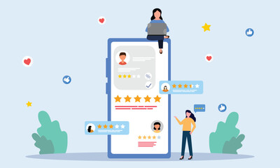 People giving  stars and likes feedback and choosing satisfaction rating on mobile site and application . Customer review rating and feedback concept. Flat vector illustration.