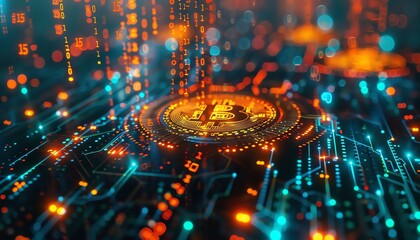 A glowing Bitcoin sits on a circuit board. The background is a blur of orange and blue lights.