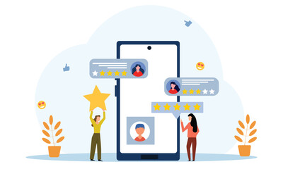 People giving  stars and likes feedback and choosing satisfaction rating on mobile site and application . Customer review rating and feedback concept. Flat vector illustration.