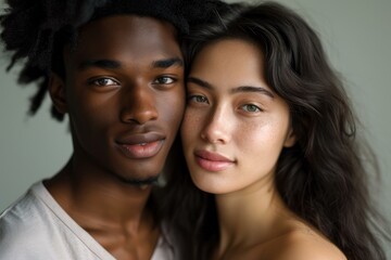 Portrait of a loving and affectionate interracial couple embracing intimately, showcasing the unity, trust, and genuine emotion in their multicultural relationship