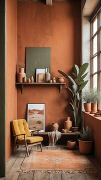 earthy tones like terracotta olive green and mustard y background