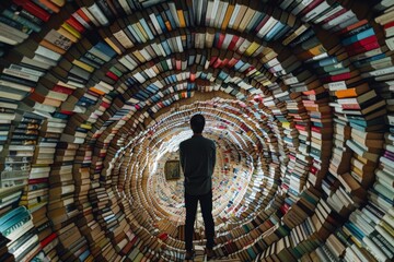 A person stands in a mesmerizing tunnel of books, creating a surreal spiral of knowledge and imagination.