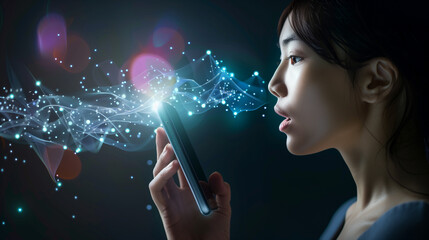 An Asian woman records a voicemail message. Abstractly drawn sound waves of voice