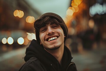 Fototapeta premium Close-up of a cheerful young adult enjoying the city ambiance with a warm, candid smile at dusk